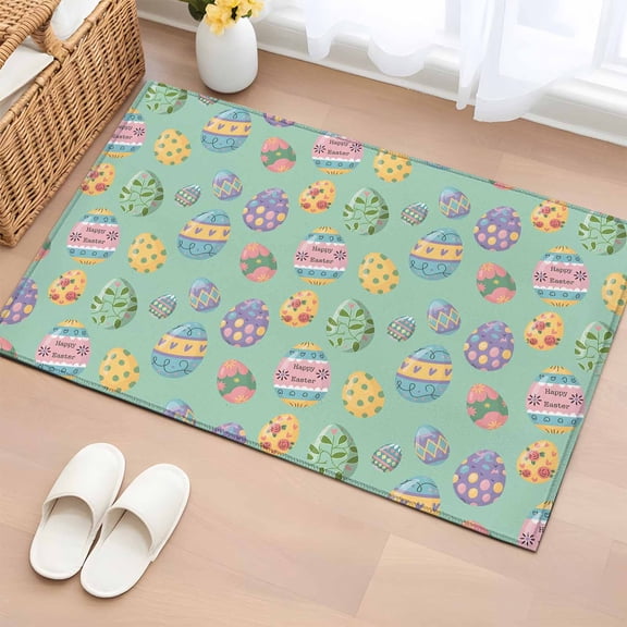 Rectangle Area Rug 2x3ft, Happy Easter Eggs Non-Slip Non-Shedding Floor Mat, Seamless Colorful Egg on Green Washable Sturdy Carpet for Living Room Bedroom Home Decor