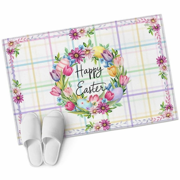Rectangle Area Rug 2x3ft, Happy Easter Eggs Tulips Daisy Non-Slip Non-Shedding Floor Mat, Colorful Striped Washable Sturdy Carpet for Living Room Bedroom Home Decor
