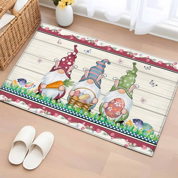 Rectangle Area Rug 2x3ft, Happy Easter Gnomes with Eggs on Grass Non-Shedding Washable Area Rug, Spring Floral on Wood Barn Non Slip Low-Profile Rugs for Living Room, Bedroom Dining Room