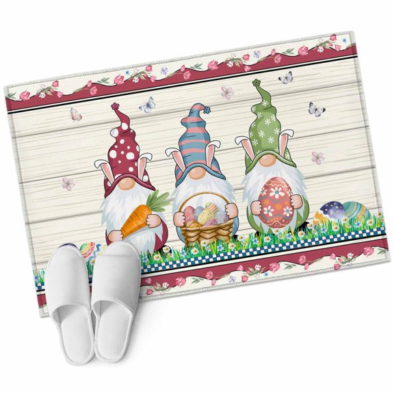 Rectangle Area Rug 2x3ft, Happy Easter Gnomes with Eggs on Grass Non-Slip Non-Shedding Floor Mat, Spring Floral on Wood Barn Washable Sturdy Carpet for Living Room Bedroom Home Decor