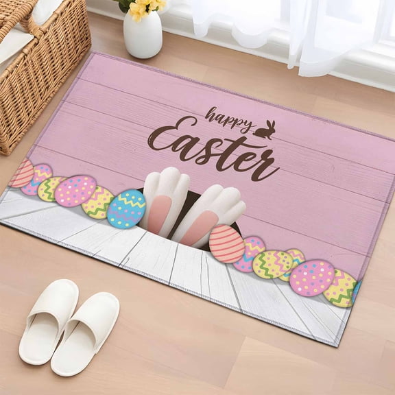 Rectangle Area Rug 2x3ft,Happy Easter Lucky Rabbit Feet Eggs Washable Carpet Non-Slip Runner Accent Rugs Indoor Floor Mat for Bedroom Living Room Decor,Pink White Farm Wood Grain
