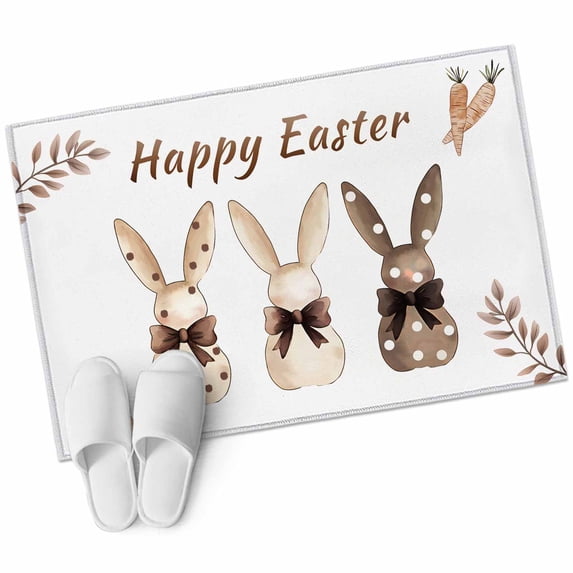 Rectangle Area Rug 2x3ft, Happy Easter Polka Dot Rabbit Bow Non-Slip Non-Shedding Floor Mat, Carrot Leaves on White Washable Sturdy Carpet for Living Room Bedroom Home Decor