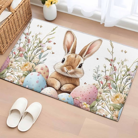 Rectangle Area Rug 2x3ft,Happy Easter Rabbit Colorful Egg Washable Carpet Non-Slip Runner Accent Rugs Indoor Floor Mat for Bedroom Living Room Decor,Spring Watercolor Flower Leaf