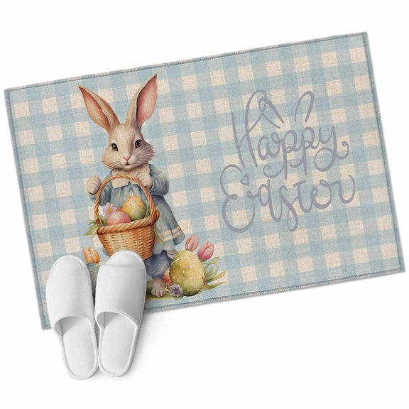 Rectangle Area Rug 2x3ft, Happy Easter Rabbit Egg Basket Non-Slip Non-Shedding Floor Mat, Flower on Blue Checker Washable Sturdy Carpet for Living Room Bedroom Home Decor