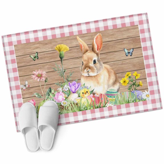 Rectangle Area Rug 2x3ft, Happy Easter Rabbit Flower Eggs Non-Slip Non-Shedding Floor Mat, Wood Plank and Pink Lattice Washable Sturdy Carpet for Living Room Bedroom Home Decor