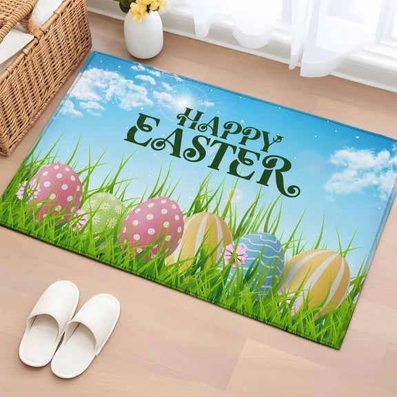 Rectangle Area Rug 2x3ft,Happy Easter Words Eggs Washable Carpet Non-Slip Runner Accent Rugs Indoor Floor Mat for Bedroom Living Room Decor,Blue Sky Green Grass