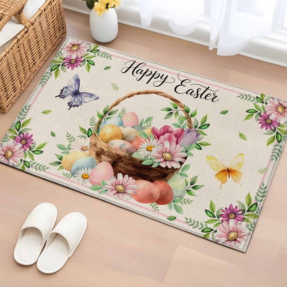 Rectangle Area Rug 2x3ft,Happy Easter Words on Linen Washable Carpet Non-Slip Runner Accent Rugs Indoor Floor Mat for Bedroom Living Room Decor,Vintage Butterfly Eggs