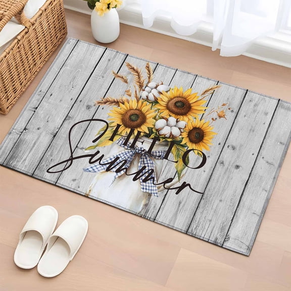 Rectangle Area Rug 2x3ft,Hello Summer Sunflower Cotton Plant Washable Carpet Non-Slip Runner Accent Rugs Indoor Floor Mat for Bedroom Living Room Decor,Vintage Wood Board