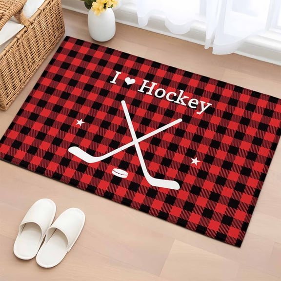 Rectangle Area Rug 2x3ft, Hockey Sports Star Red Buffalo Plaid Non-Shedding Washable Area Rug, Black Check White Shadow Non Slip Low-Profile Rugs for Living Room, Bedroom Dining Room