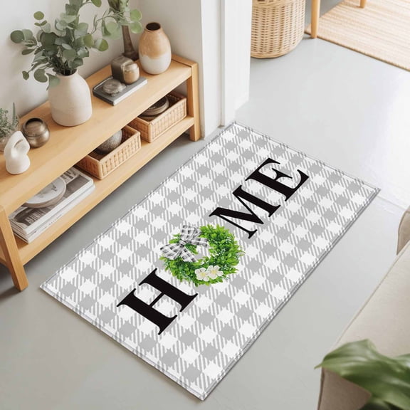 Rectangle Area Rug 2x3ft,Home Green Garland Gray Gingham Check Living Room Rug Non-Slip Washable Circle Rugs Pad,Bow Flower White Buffalo Plaid Soft Floor Carpet for Bedroom Dining Room