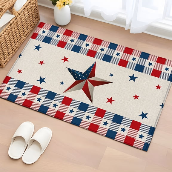 Rectangle Area Rug 2x3ft, Independence Day Flag Star on Cotton Non-Slip Non-Shedding Floor Mat, Buffalo Plaid Border Washable Sturdy Carpet for Living Room Bedroom Home Decor