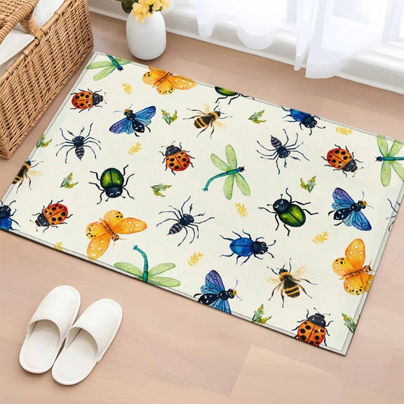 Rectangle Area Rug 2x3ft, Insects Ladybirds Spiders Non-Slip Non-Shedding Floor Mat, Dragonflies Butterflies Washable Sturdy Carpet for Living Room Bedroom Home Decor