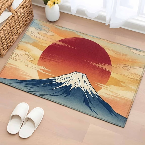Rectangle Area Rug 2x3ft, Japanese Cherry Sunsets Non-Slip Non-Shedding Floor Mat, Retro Mountains Washable Sturdy Carpet for Living Room Bedroom Home Decor