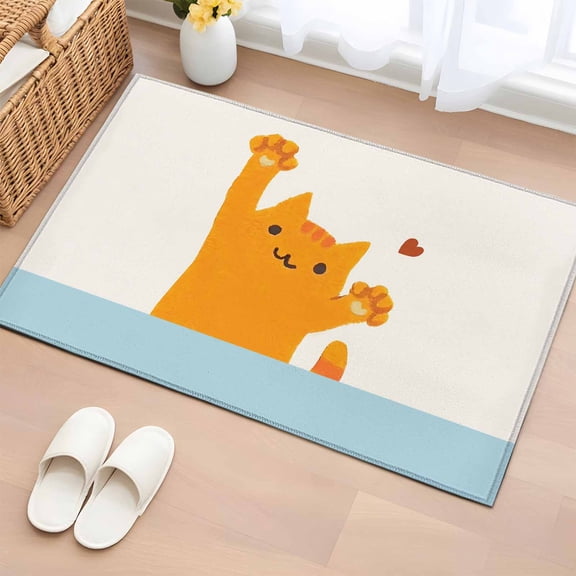Rectangle Area Rug 2x3ft,Japanese Cute Cats Washable Carpet Non-Slip Runner Accent Rugs Indoor Floor Mat for Bedroom Living Room Decor,Orange Kitty Blue Striped