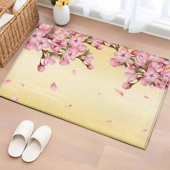 Rectangle Area Rug 2x3ft,Japanese Pink Cherry Blossoms Washable Carpet Non-Slip Runner Accent Rugs Indoor Floor Mat for Bedroom Living Room Decor,Yellow Background