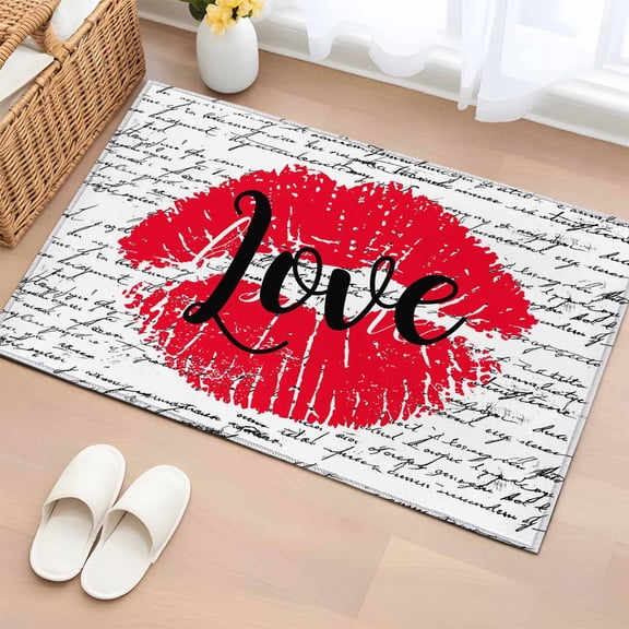 Rectangle Area Rug 2x3ft, Kiss Red Lip Print Love Word Non-Slip Non-Shedding Floor Mat, Retro Letter White Black Washable Sturdy Carpet for Living Room Bedroom Home Decor