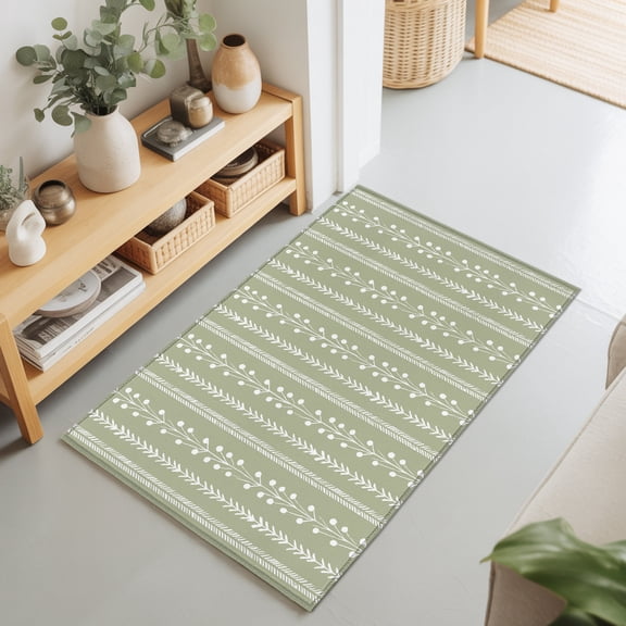 Rectangle Area Rug 2x3ft,Leaf Stripe Sage Green Washable Carpet Non-Slip Runner Accent Rugs Indoor Floor Mat for Bedroom Living Room Decor,Farmhouse Country Style