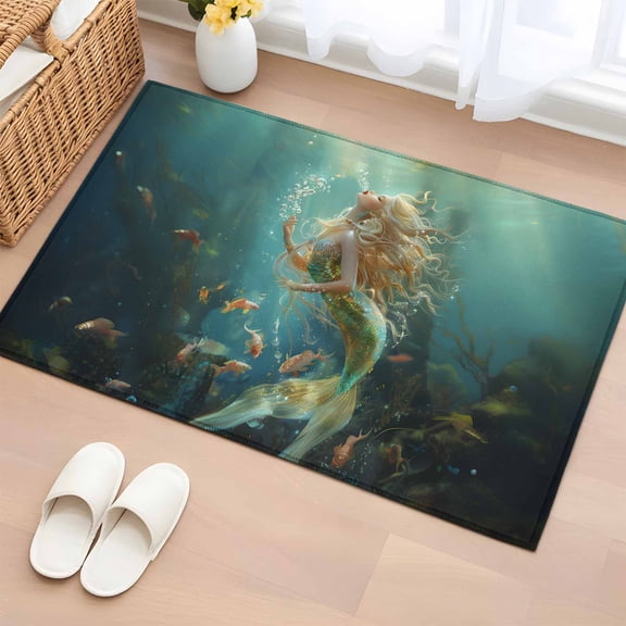 Rectangle Area Rug 2x3ft, Marine Beautiful Mermaid Fish Non-Slip Non-Shedding Floor Mat, Undersea Ocean Life Seaweed Washable Sturdy Carpet for Living Room Bedroom Home Decor