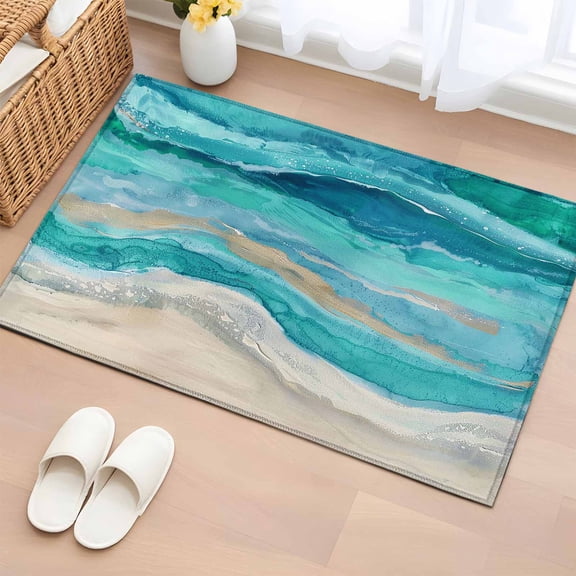 Rectangle Area Rug 2x3ft,Marine Coastal Wave Turquoise Ombre Washable Carpet Non-Slip Runner Accent Rugs Indoor Floor Mat for Bedroom Living Room Decor,Abstract Ocean Sea Shore