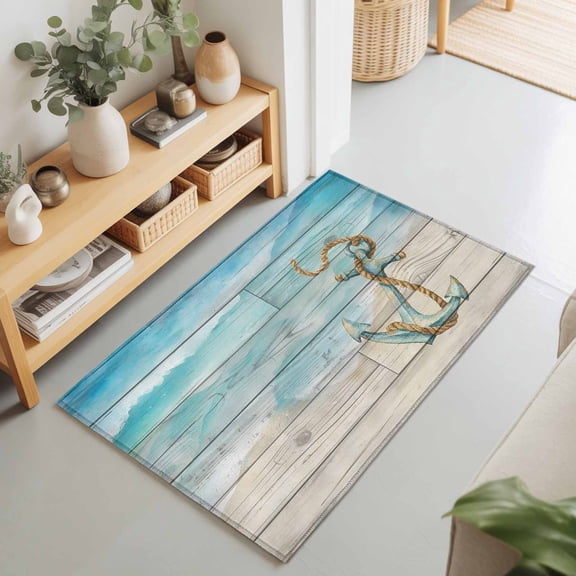 Rectangle Area Rug 2x3ft,Marine Nautical Anchor Farm Wood Grain Living Room Rug Non-Slip Washable Circle Rugs Pad,Ocean Beach Theme Soft Floor Carpet for Bedroom Dining Room