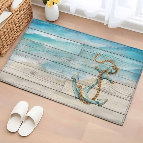 Rectangle Area Rug 2x3ft, Marine Nautical Anchor Farm Wood Grain Non-Slip Non-Shedding Floor Mat, Ocean Beach Theme Washable Sturdy Carpet for Living Room Bedroom Home Decor