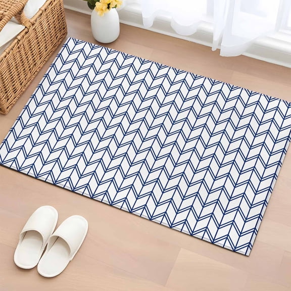 Rectangle Area Rug 2x3ft, Minimalist Geometric Stripe Art Non-Shedding Washable Area Rug, Abstract Blue Herringbone Non Slip Low-Profile Rugs for Living Room, Bedroom Dining Room