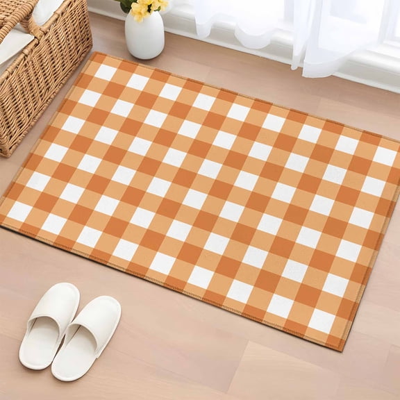 Rectangle Area Rug 2x3ft, Minimalist Orange Checkered Grid Non-Slip Non-Shedding Floor Mat, Spring Buffalo Plaid Washable Sturdy Carpet for Living Room Bedroom Home Decor
