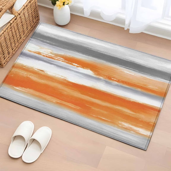 Rectangle Area Rug 2x3ft, Modern Abstract Canvas Art Non-Slip Non-Shedding Floor Mat, Orange Gray Striped Washable Sturdy Carpet for Living Room Bedroom Home Decor