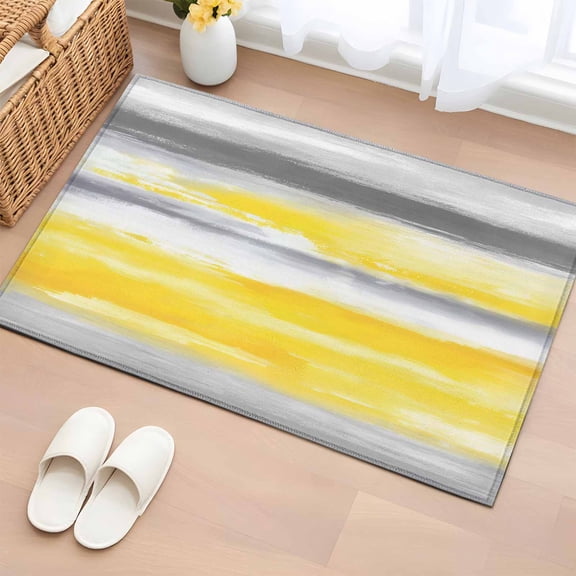 Rectangle Area Rug 2x3ft, Modern Abstract Canvas Art Non-Slip Non-Shedding Floor Mat, Yellow Gray Striped Washable Sturdy Carpet for Living Room Bedroom Home Decor