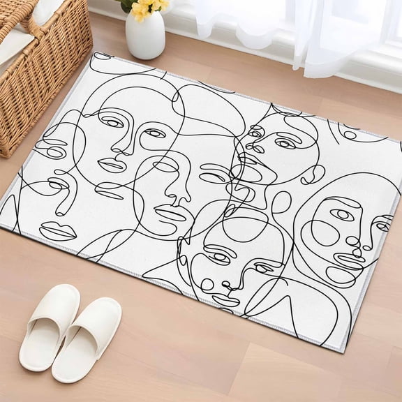 Rectangle Area Rug 2x3ft, Modern Character Face Abstract Line Arts Non-Slip Non-Shedding Floor Mat, White Washable Sturdy Carpet for Living Room Bedroom Home Decor