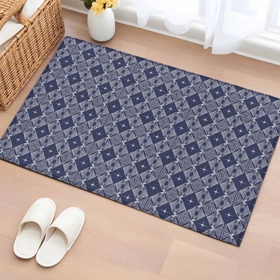 Rectangle Area Rug 2x3ft, Modern Geometric Rhombus Pattern Non-Shedding Washable Area Rug, Abstract Navy Blue Non Slip Low-Profile Rugs for Living Room, Bedroom Dining Room