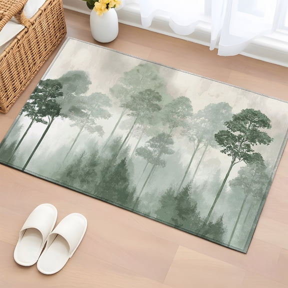 Rectangle Area Rug 2x3ft, Modern Natural Pine Trees Non-Shedding Washable Area Rug, Green Plant Misty Forest Non Slip Low-Profile Rugs for Living Room, Bedroom Dining Room