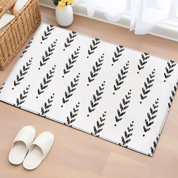 Rectangle Area Rug 2x3ft, Modern Scandi Botanical Leaves Non-Slip Non-Shedding Floor Mat, Minimalist Black Leaf on White Washable Sturdy Carpet for Living Room Bedroom Home Decor