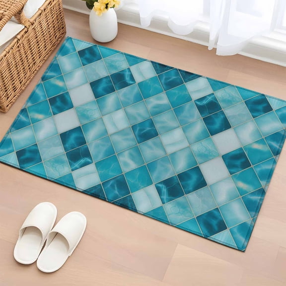 Rectangle Area Rug 2x3ft, Modern Teal Blue Diamond Non-Slip Non-Shedding Floor Mat, Geometric Line Buffalo Plaid Washable Sturdy Carpet for Living Room Bedroom Home Decor