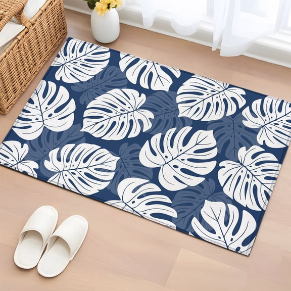 Rectangle Area Rug 2x3ft, Monstera Navy Blue Leaves Non-Slip Non-Shedding Floor Mat, Summer Tropical Botanical Washable Sturdy Carpet for Living Room Bedroom Home Decor