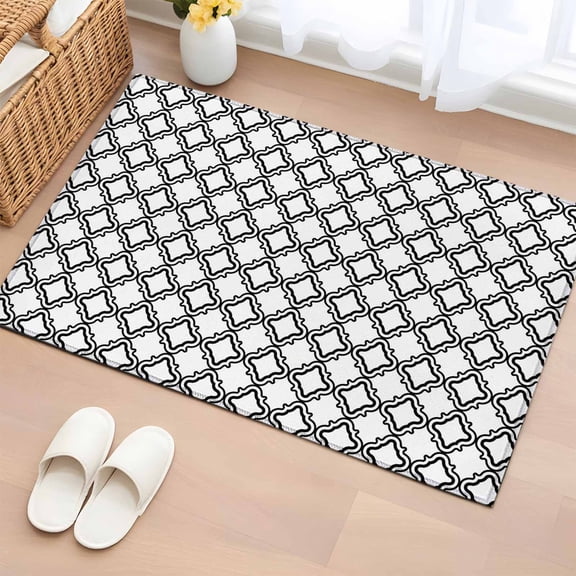 Rectangle Area Rug 2x3ft, Moroccan Black White Classic Lattice Non-Slip Non-Shedding Floor Mat, Abstract Plaid Texture Washable Sturdy Carpet for Living Room Bedroom Home Decor