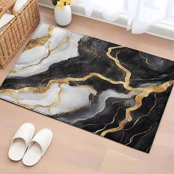 Rectangle Area Rug 2x3ft, Natural Black White Marble Gold Crack Non-Shedding Washable Area Rug, Abstract Stone Texture Non Slip Low-Profile Rugs for Living Room, Bedroom Dining Room