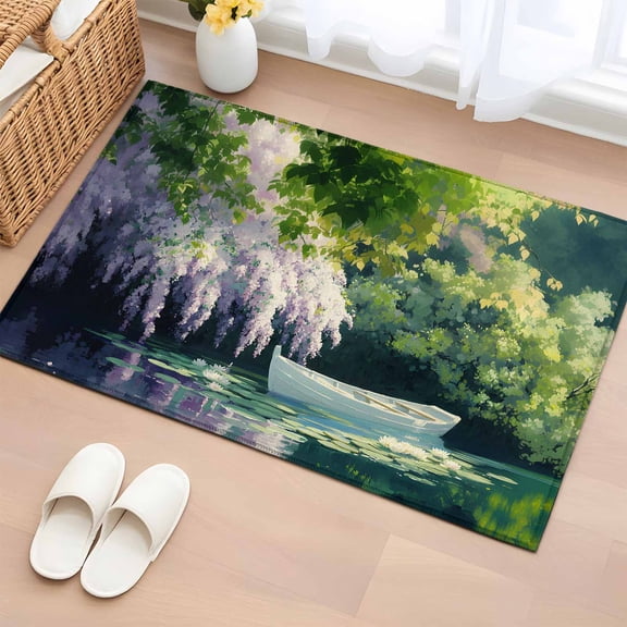 Rectangle Area Rug 2x3ft, Natural Forest Landscape Artwork Non-Slip Non-Shedding Floor Mat, White Boat on Lake Scenery Washable Sturdy Carpet for Living Room Bedroom Home Decor