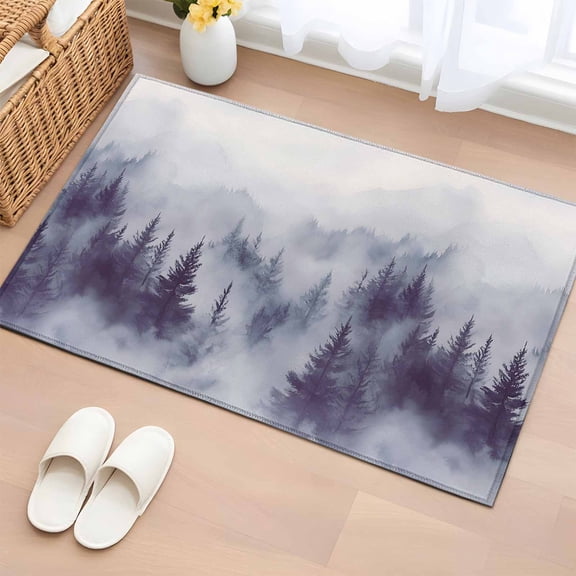 Rectangle Area Rug 2x3ft, Natural Misty Mountain Tree Forest Non-Slip Non-Shedding Floor Mat, Wild Hill Foggy Scenery Washable Sturdy Carpet for Living Room Bedroom Home Decor