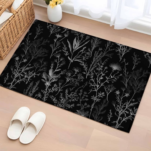 Rectangle Area Rug 2x3ft, Natural Wild Plant Botanical Leaves Non-Slip Non-Shedding Floor Mat, Plant Foliage on Black Washable Sturdy Carpet for Living Room Bedroom Home Decor