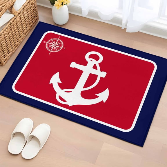 Rectangle Area Rug 2x3ft, Nautical Anchor Compass Marine Theme Non-Slip Non-Shedding Floor Mat, Red Blue White Washable Sturdy Carpet for Living Room Bedroom Home Decor