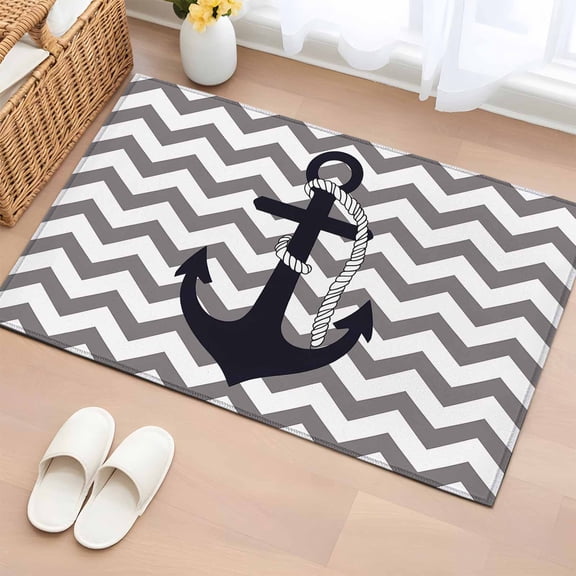 Rectangle Area Rug 2x3ft, Nautical Anchor Dark Blue Non-Slip Non-Shedding Floor Mat, Grey Zigzag Chevron Washable Sturdy Carpet for Living Room Bedroom Home Decor