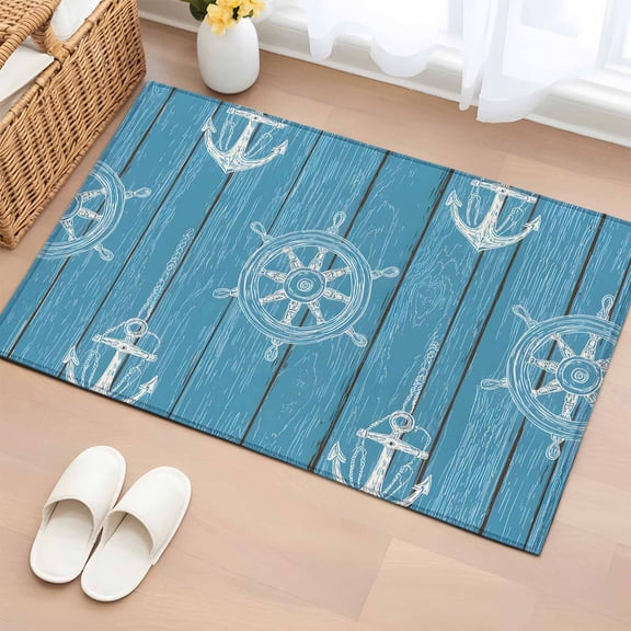 Rectangle Area Rug 2x3ft, Nautical Anchor Non-Slip Non-Shedding Floor Mat, Ship Wheel, Blue Wood Striped Pattern Washable Sturdy Carpet for Living Room Bedroom Home Decor