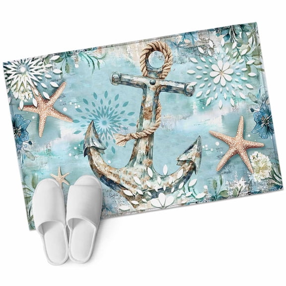 Rectangle Area Rug 2x3ft, Nautical Anchor Ocean Starfish Non-Slip Non-Shedding Floor Mat, Seaweed Blue Gradient Washable Sturdy Carpet for Living Room Bedroom Home Decor