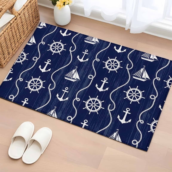 Rectangle Area Rug 2x3ft, Nautical Anchor Sailboat Non-Slip Non-Shedding Floor Mat, Deep Navy Blue Background Washable Sturdy Carpet for Living Room Bedroom Home Decor