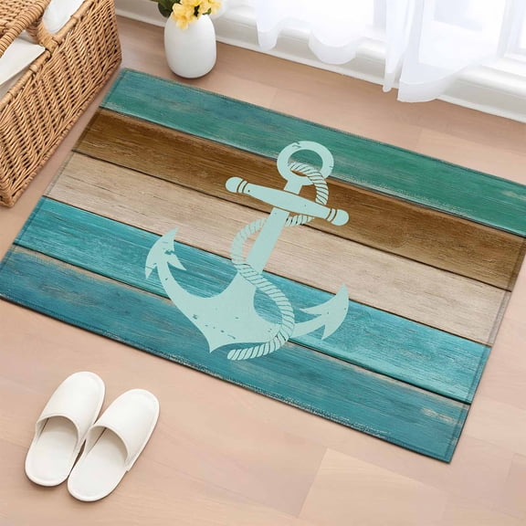 Rectangle Area Rug 2x3ft, Nautical Anchor Teal Wood Board Non-Slip Non-Shedding Floor Mat, Farm Vintage Wooden Washable Sturdy Carpet for Living Room Bedroom Home Decor