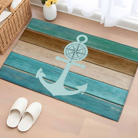 Rectangle Area Rug 2x3ft, Nautical Coastal Anchor Compass Non-Slip Non-Shedding Floor Mat, Vintage Colorful Wooden Board Washable Sturdy Carpet for Living Room Bedroom Home Decor