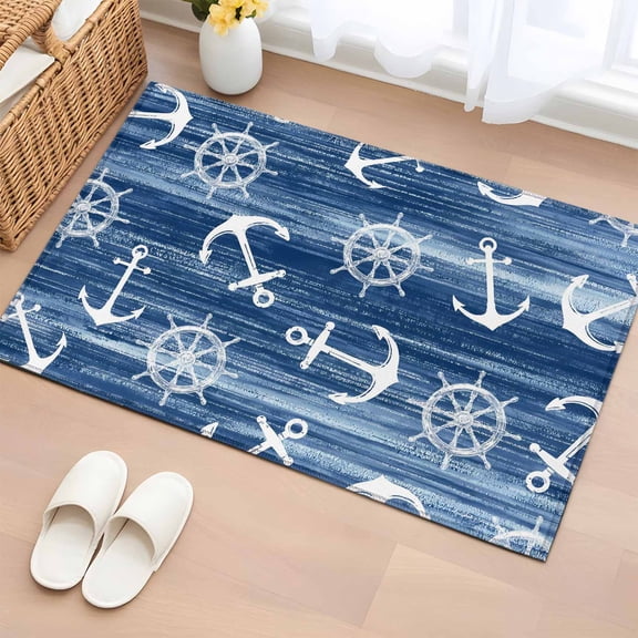 Rectangle Area Rug 2x3ft, Nautical Compass Anchor Non-Slip Non-Shedding Floor Mat, Coastal Ocean Blue Theme Washable Sturdy Carpet for Living Room Bedroom Home Decor