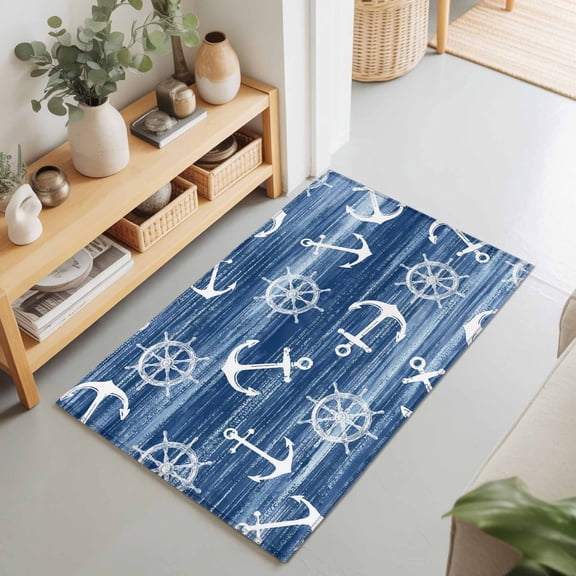 Rectangle Area Rug 2x3ft,Nautical Compass Anchor Washable Carpet Non-Slip Runner Accent Rugs Indoor Floor Mat for Bedroom Living Room Decor,Coastal Ocean Blue Theme