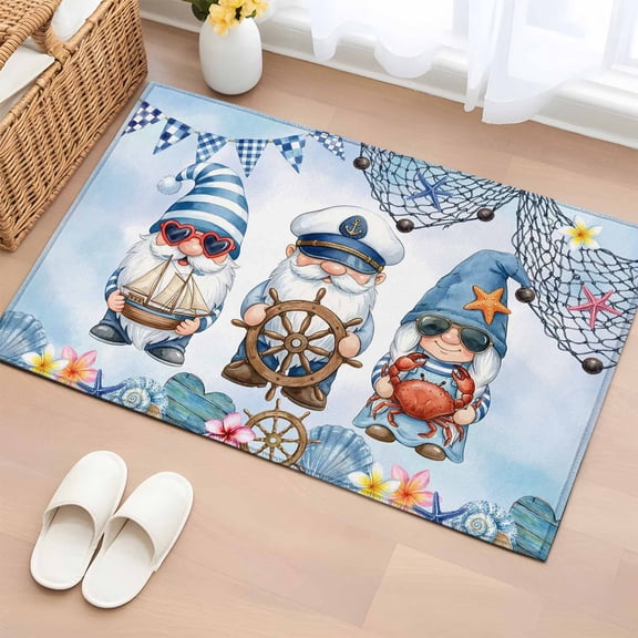 Rectangle Area Rug 2x3ft, Nautical Gnome Summer Ocean Non-Slip Non-Shedding Floor Mat, Retro Compass Shell Conch Washable Sturdy Carpet for Living Room Bedroom Home Decor